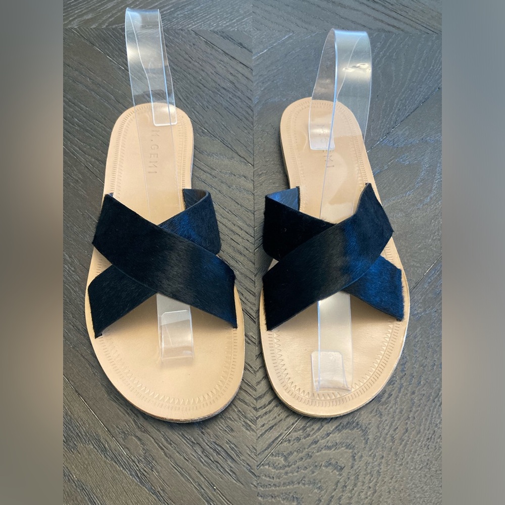 M. Gemi Italian Leather Black Calf Hair Sandals Size 39 8.5